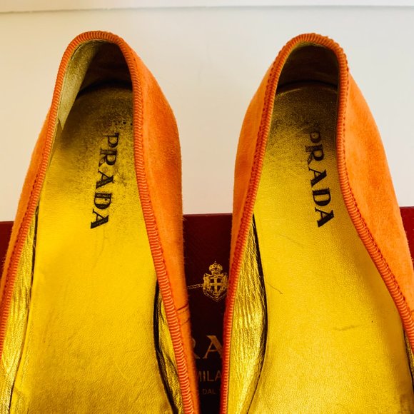 PRADA BALLET SUEDE FLATS ORANGE AND PINK WITH BOW ACCENT MADE IN ITALY - Picture 6 of 8